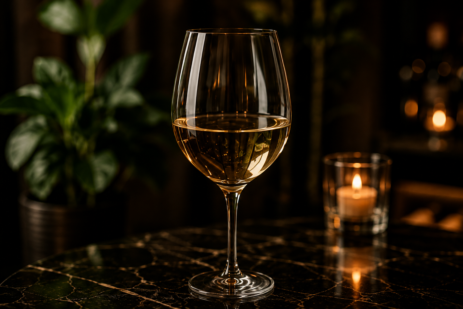 Glass of white wine on a marble table by candlelight