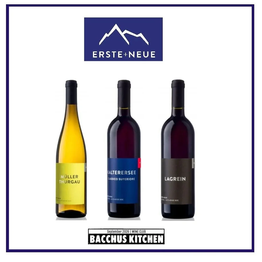 Bacchus Wine Club bottles: Erste+Neue Müller Thurgau, Kalterersee and Lagrein