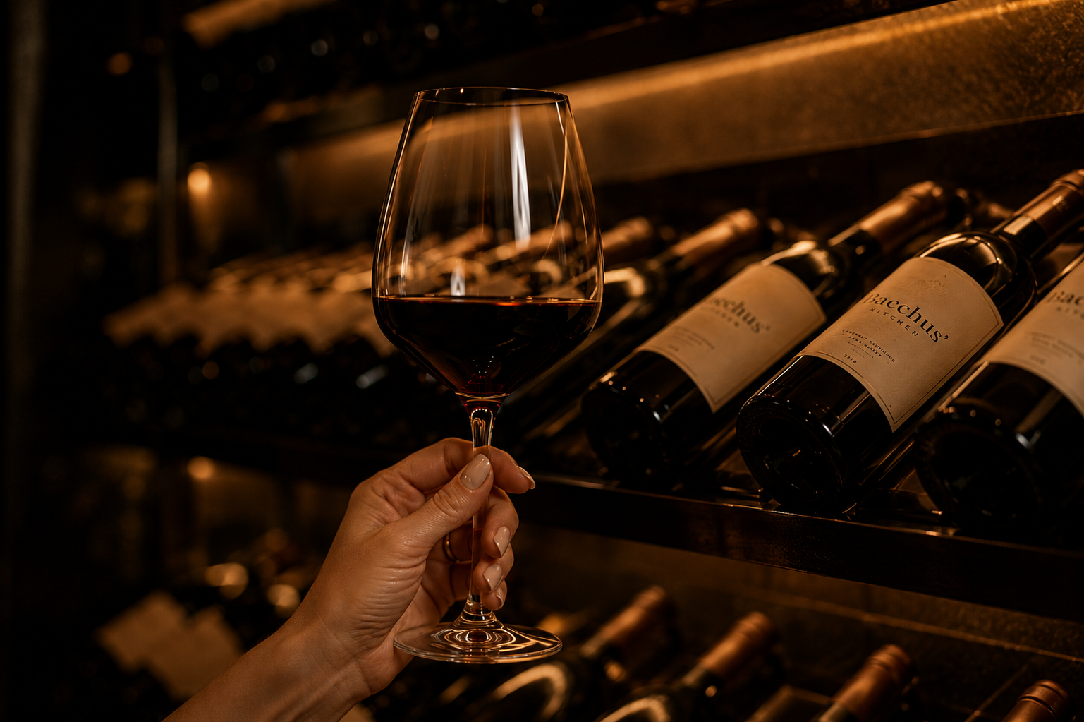 Hand holding a glass of red wine in front of a wine rack