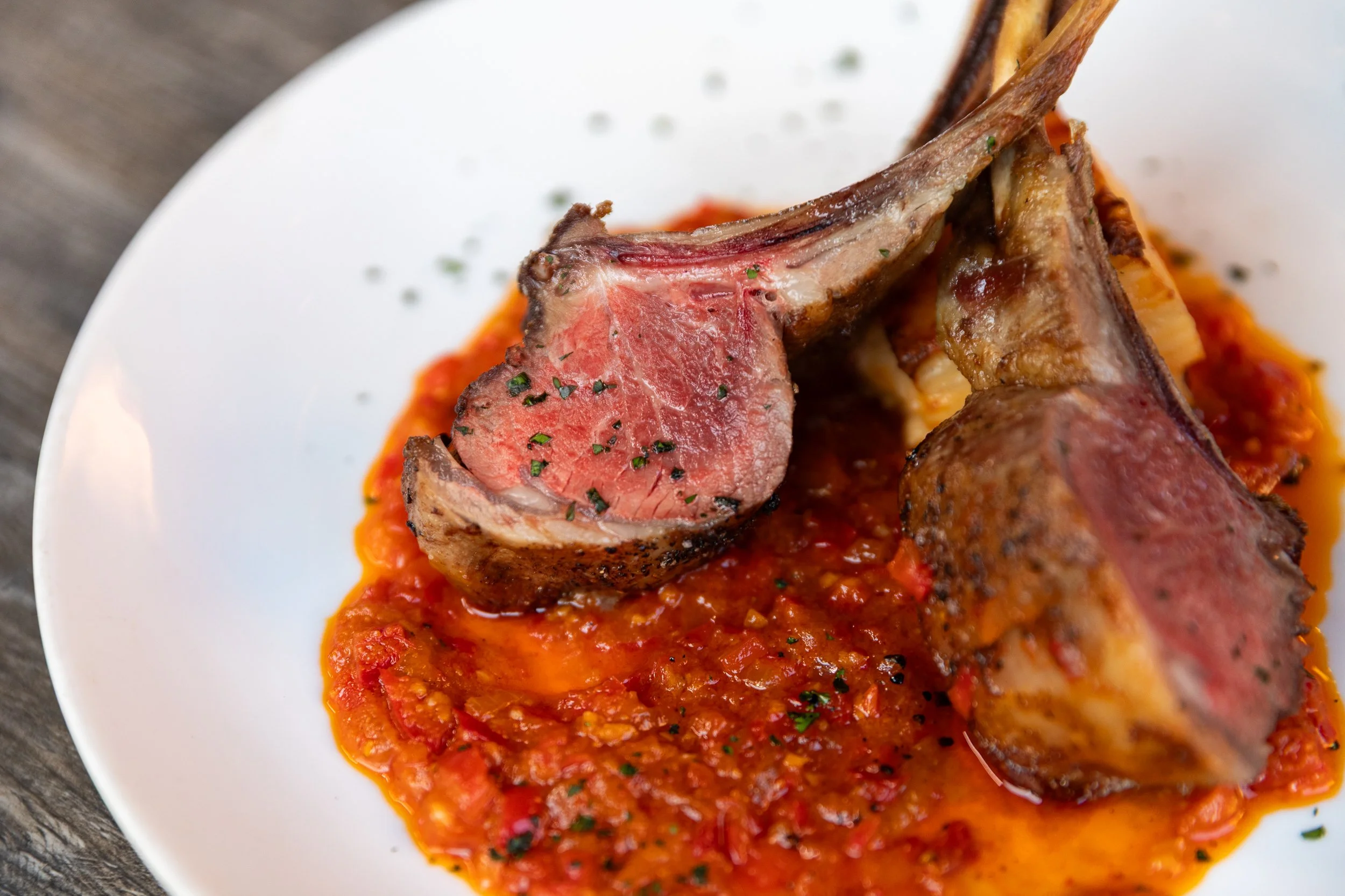 Lamb chops in tomato sauce at Bacchus in Pasadena