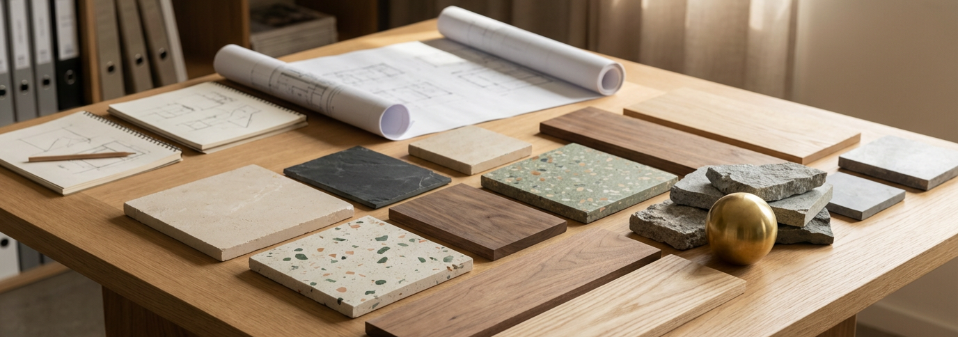 A wooden table displaying various tiles, blueprints, and design sketches for interior decoration.
