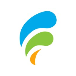 Abstract logo with blue, green, and orange shapes