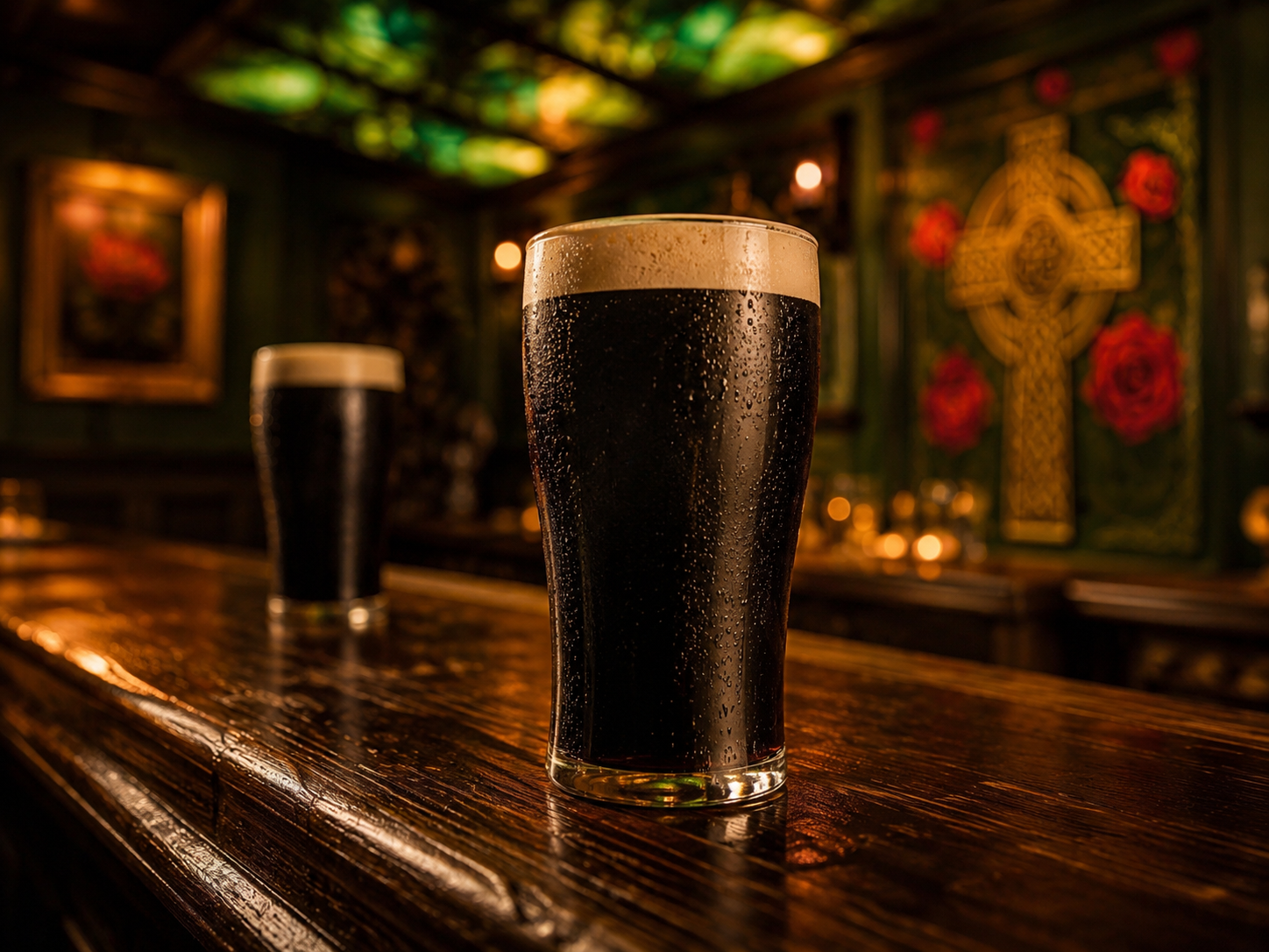 Two glasses of dark stout beer with frothy heads on a polished wooden bar in a dimly lit pub with stained glass ceiling and Celtic cross wall art.