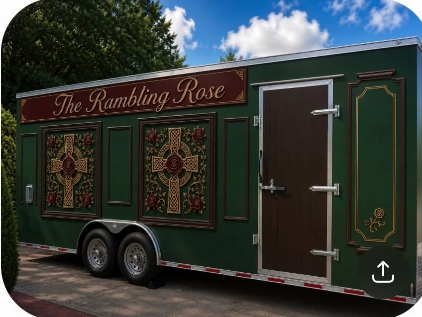 Green trailer with decorative Christian cross and floral designs, and the text 'The Rambling Rose' at the top.
