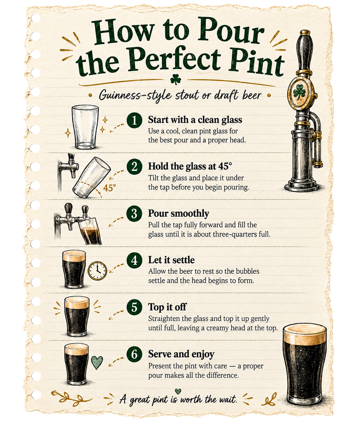 A step-by-step illustrated guide on how to pour the perfect pint of Guinness-style stout or draft beer. The instructions include starting with a clean glass, holding it at 45 degrees, pouring smoothly, letting the beer settle, topping it off, and then serving and enjoying. The guide is decorated with small illustrations of beer glasses, taps, and shamrocks, with a decorative, torn-edge paper background.