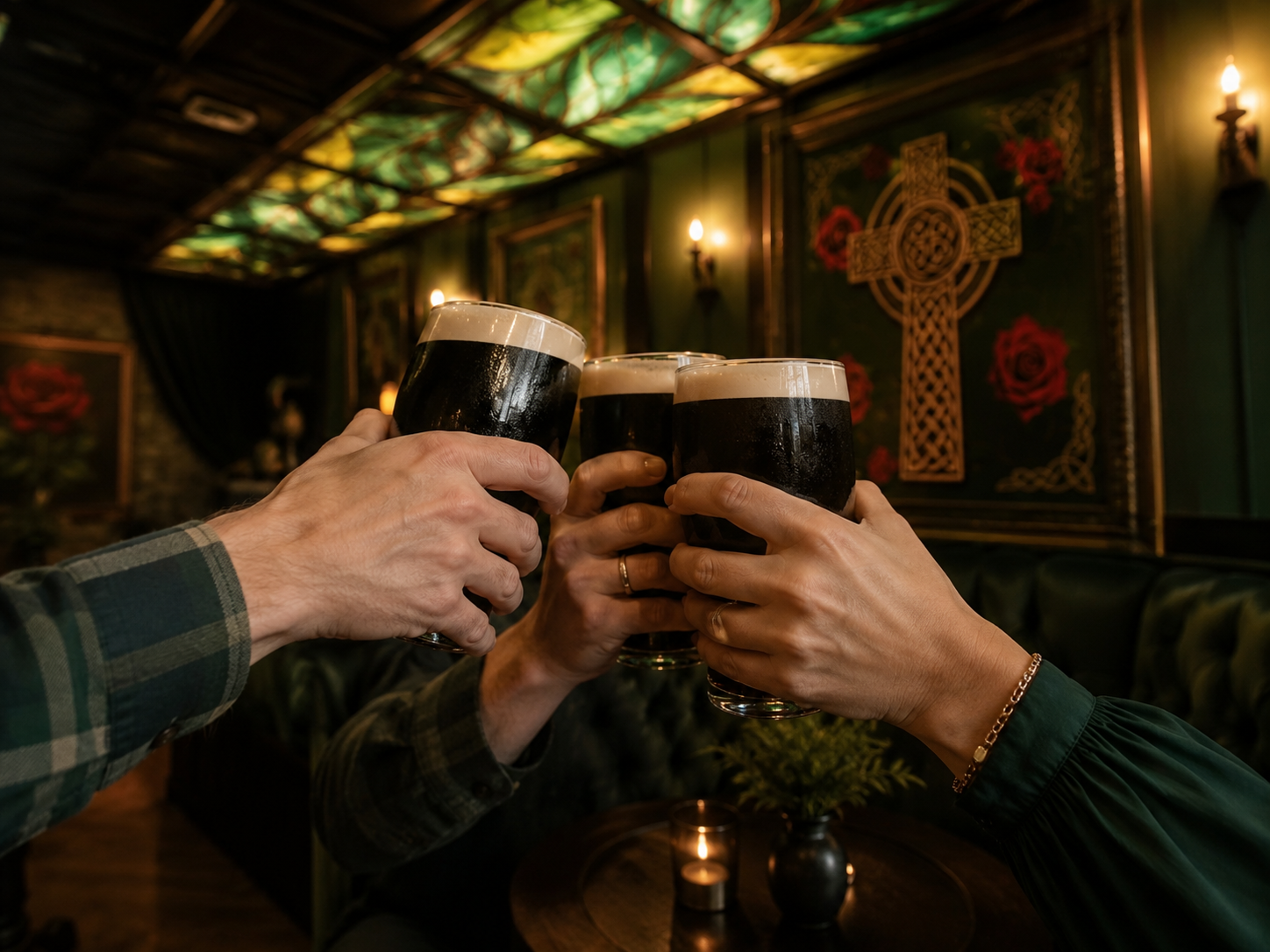 Four people raising glasses of dark stout beer for a toast in a dimly lit pub with Celtic artwork on the walls.