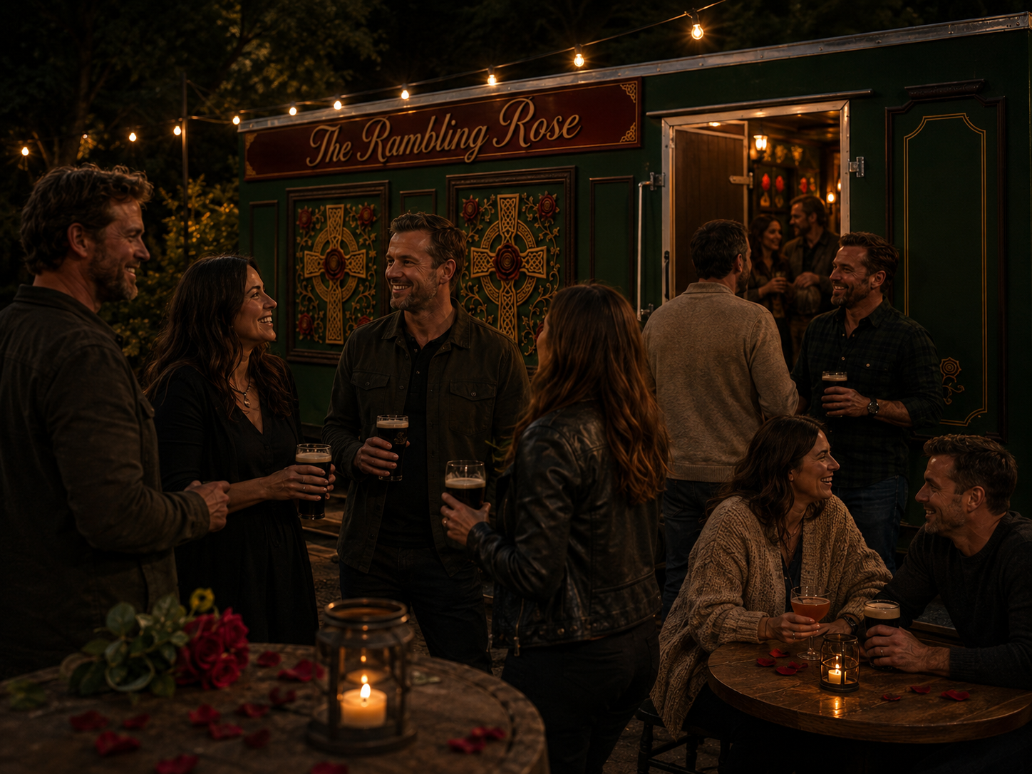 Group of friends socializing outside at night in front of a decorated trailer, with string lights overhead and candles on tables, during a festive gathering.