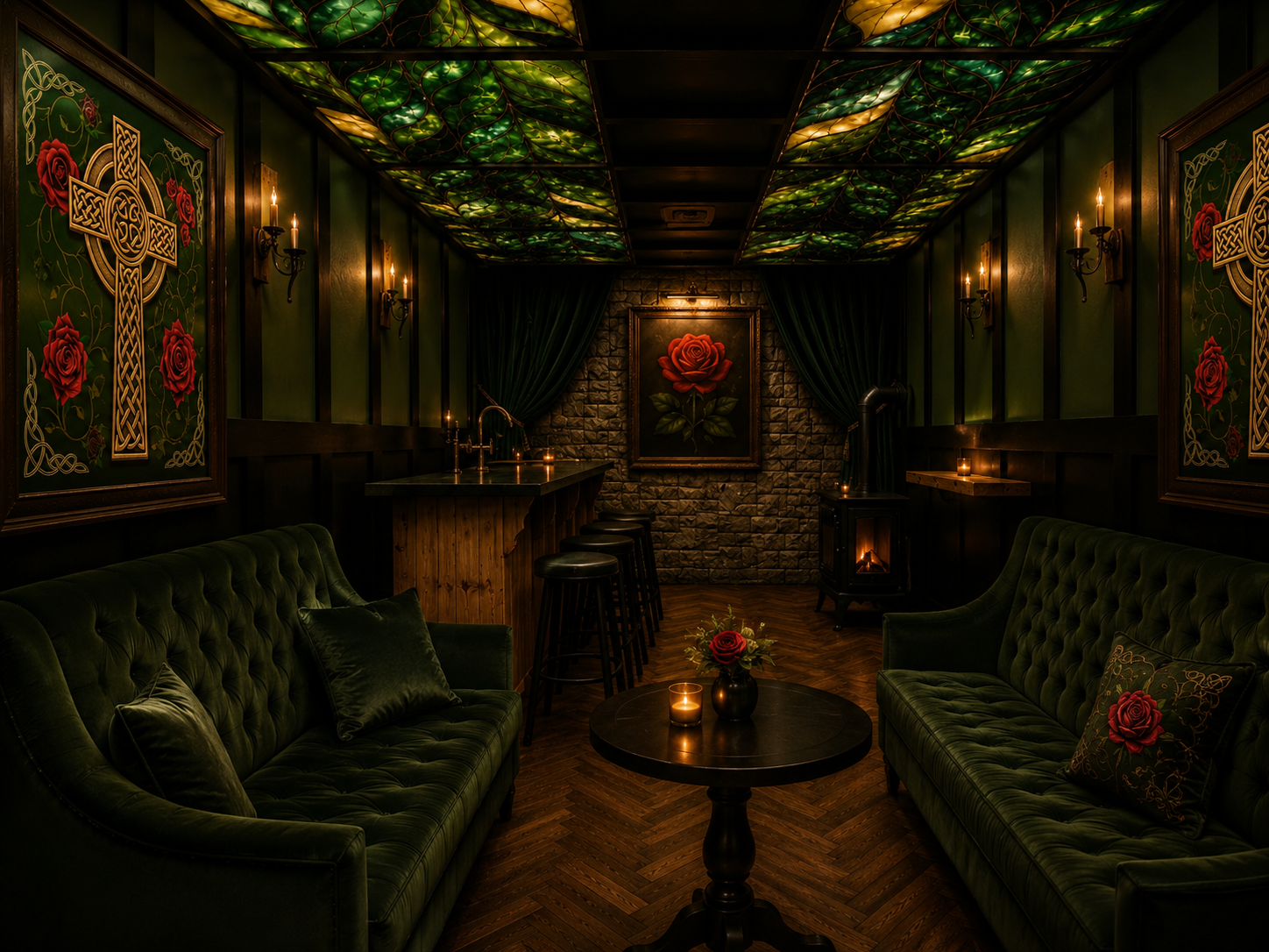 A cozy, dimly lit Irish pub-themed lounge with dark green tufted sofas, Celtic art, and a stained glass ceiling resembling leaves. There's a small round table with a candle and rose bouquet, framed floral artwork on the walls, a stone chimney with a 