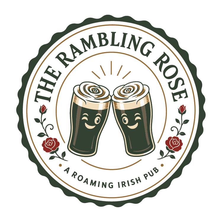 Logo for The Rambling Rose Irish Pub featuring two cartoon pints of beer with smiling faces toasting each other, surrounded by red roses and green decorative elements.