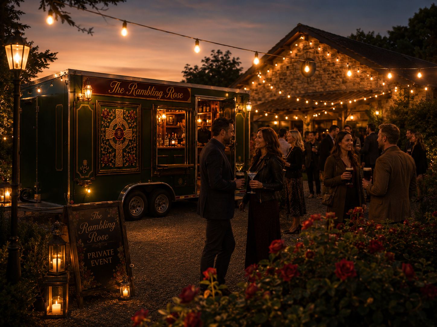 People socializing at an outdoor evening event with string lights, a vintage-style bar trailer named 'The Rambling Rose,' and a sign indicating a private event. Guests hold drinks and chat amid candles and floral decorations.