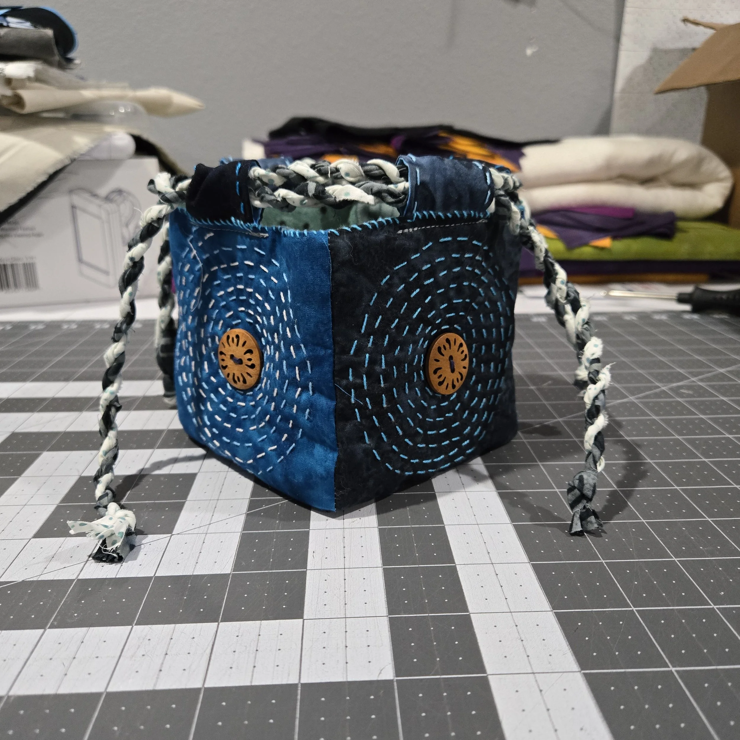 Komebukuro (Japanese rice bag) inspired bag, machine sewn with hand embroidery