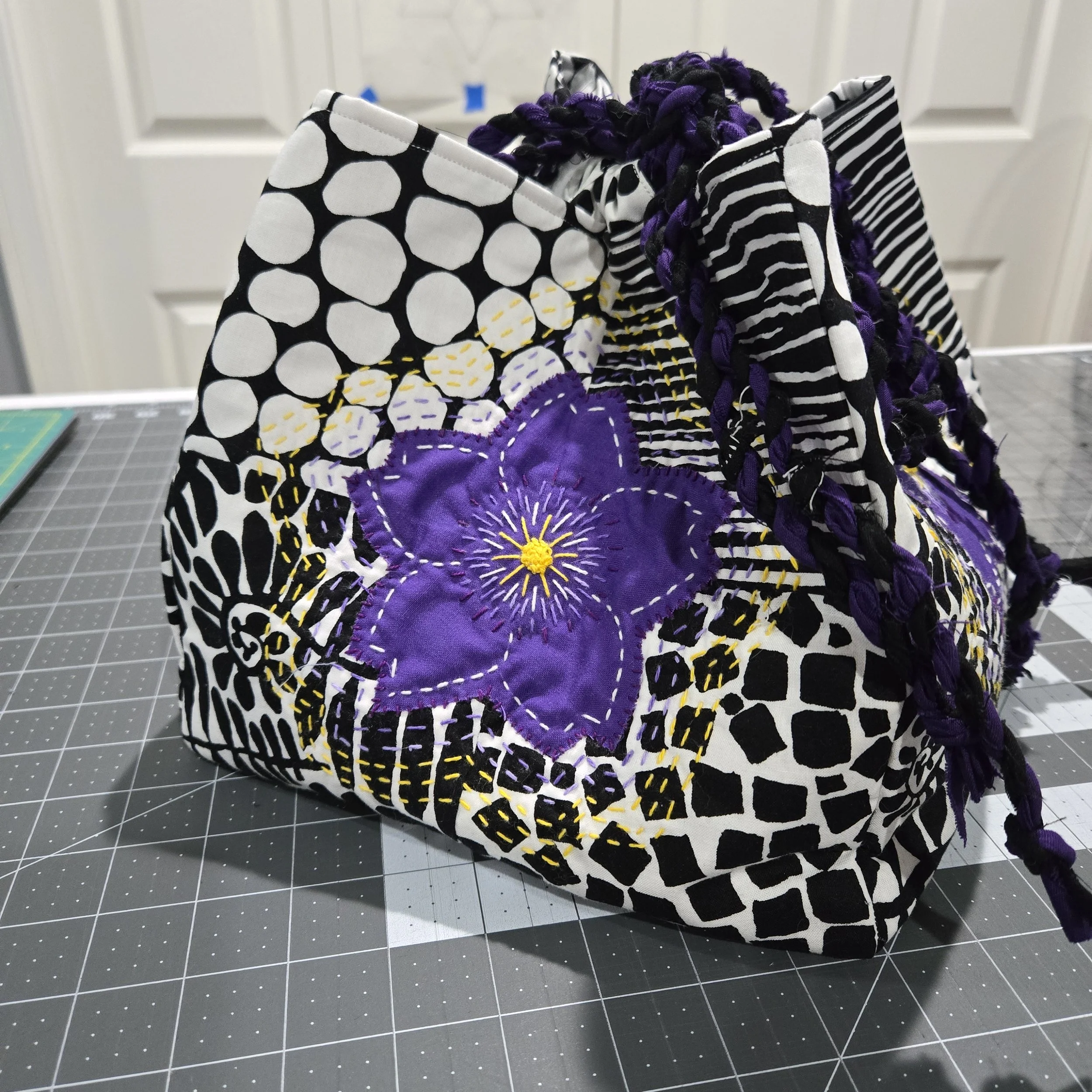 Large komebukuro (Japanese rice bag) inspired bag, with applique and embroidery flowers