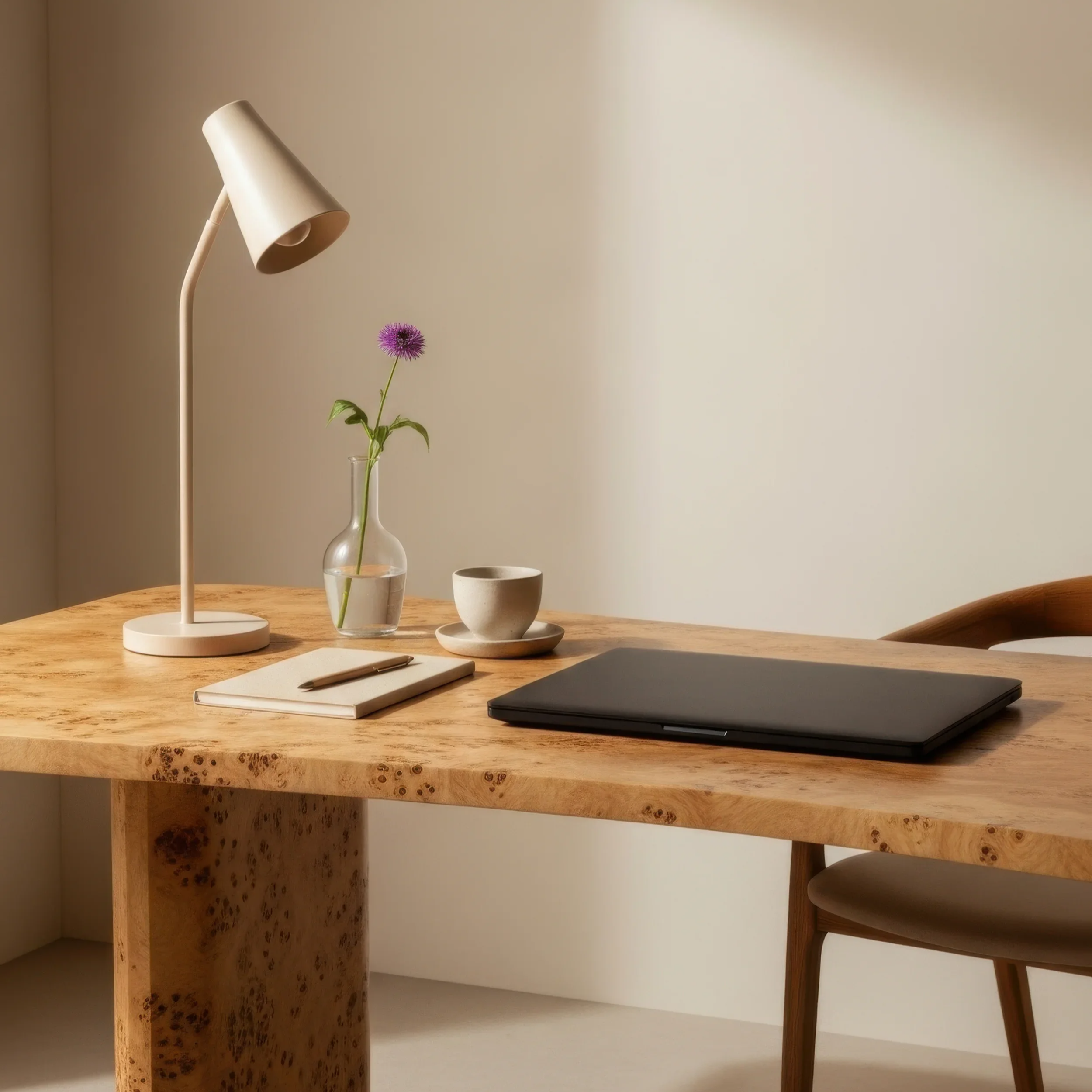 A wooden table with a white desk lamp, a glass vase with a single purple flower and green leaves, a small bowl and saucer, a closed laptop, a notebook, and a pen. The background is a plain, light-colored wall.