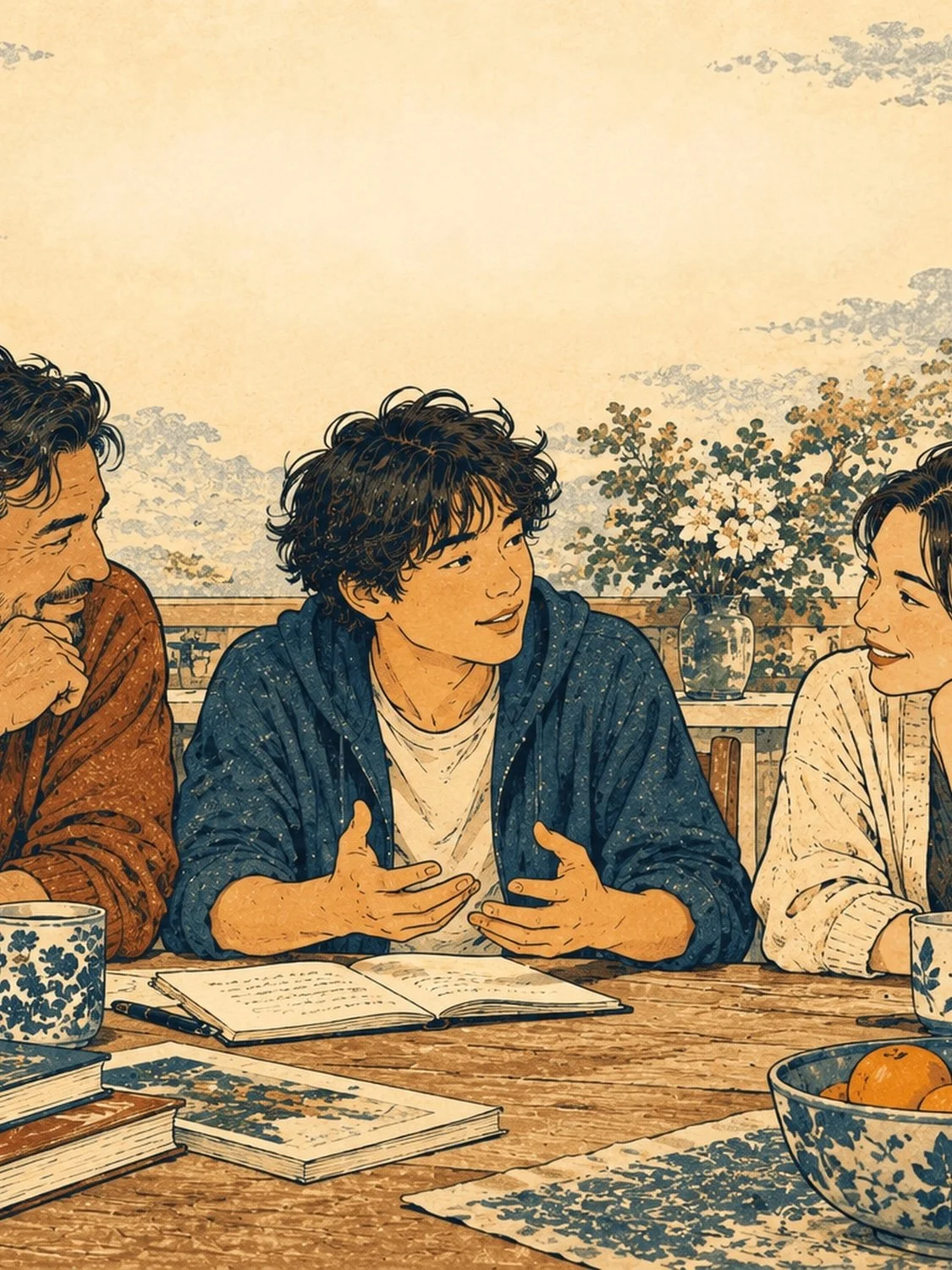 Young person in a blue hoodie gestures while talking with two adults at a table with an open notebook and books.