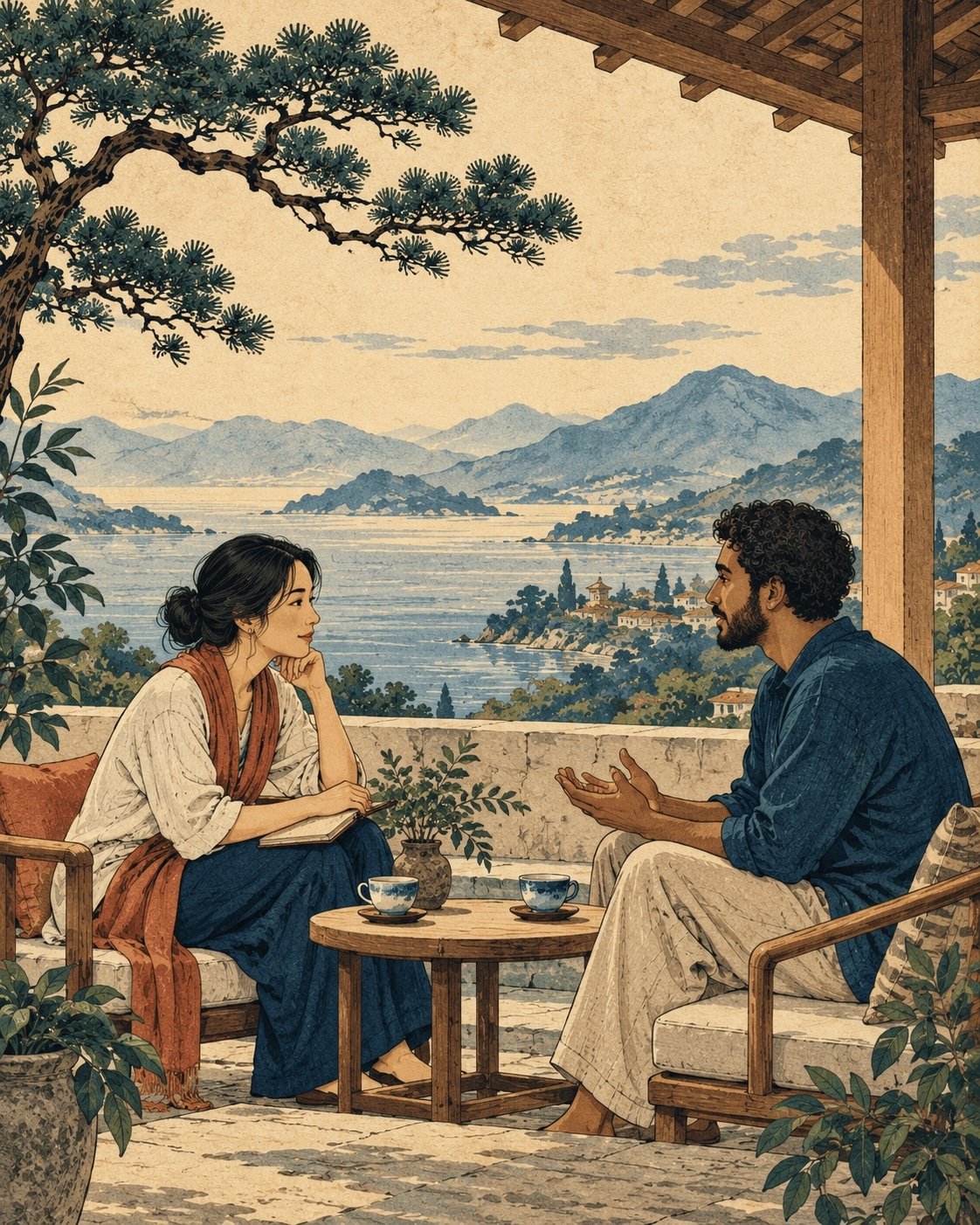Two people sit talking over tea on a terrace, one with a notebook, with a bay and mountains behind