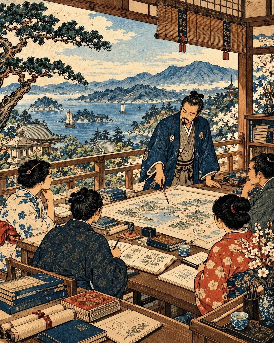 Man stands pointing to a map on a large table while four people seated around it listen, with a bay view behind