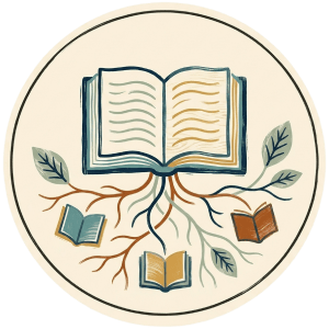 Open book with roots growing from its spine, small books and leaves on the branches, in a circular icon.