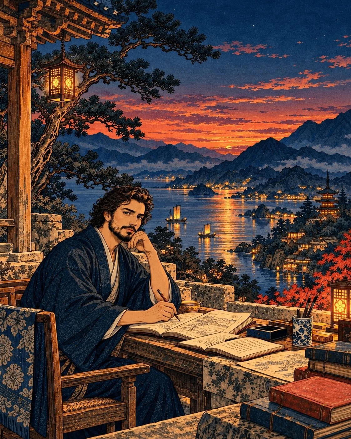 Bearded man in a dark robe writes in an open book at a terrace desk as the sun sets over a bay