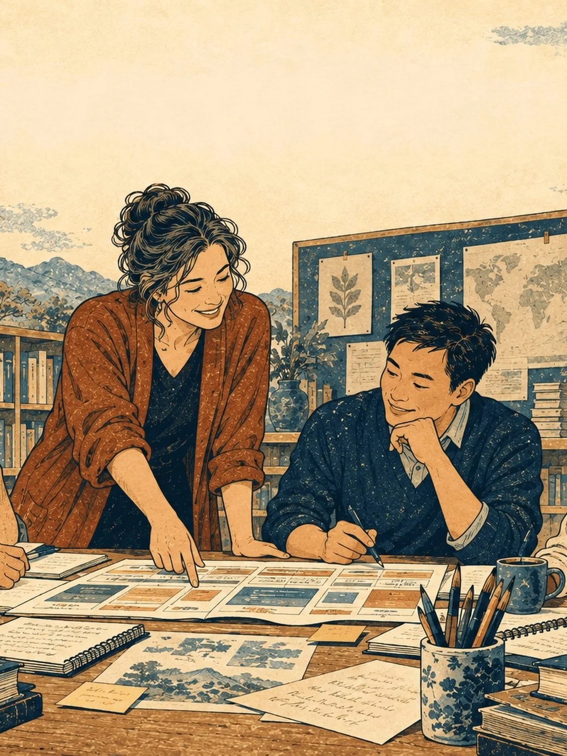 Two educators plan together at a table, one pointing to a printed layout of colour panels beside notebooks and pens.