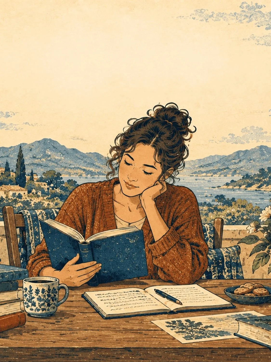 Woman with curly hair tied up reads a blue book at an outdoor table, with a notebook, cup and sea view behind her