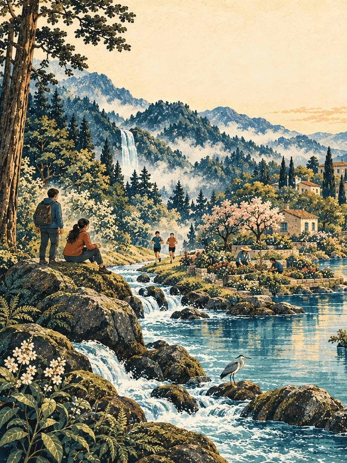 Illustrated river landscape with hikers on mossy rocks, joggers, gardeners, a heron, a waterfall and misty hills