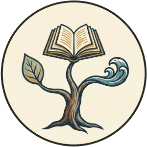 Open book growing from a tree trunk, with a leaf on one side and a wave on the other, used as an icon