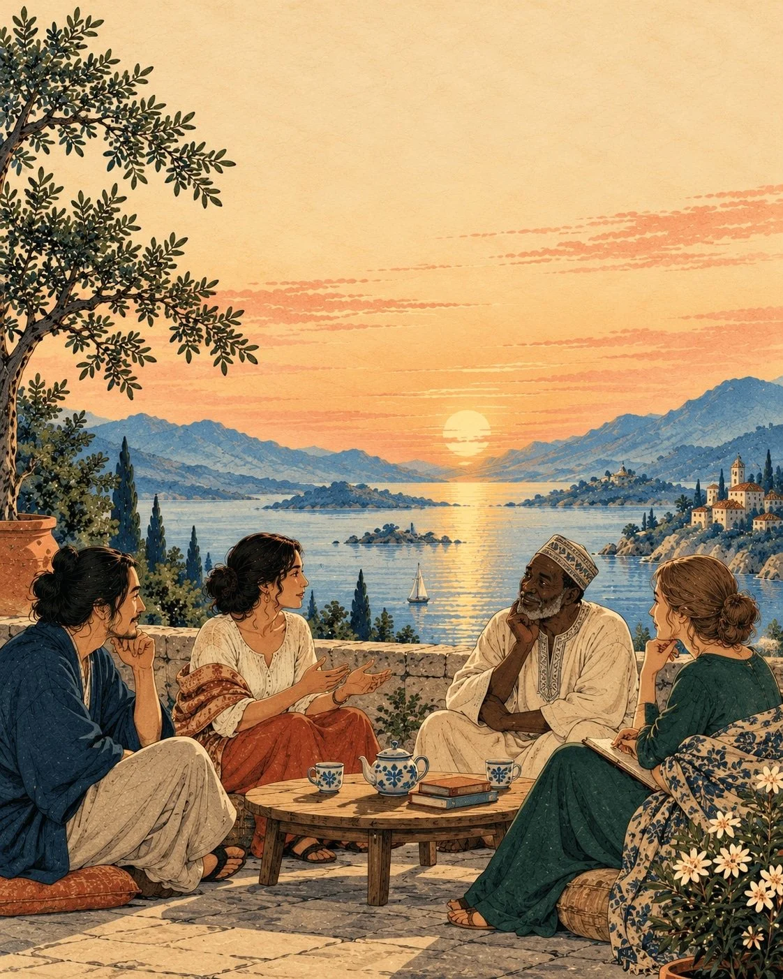 Four people sit in conversation around a low table with a teapot on a terrace overlooking a bay at sunset