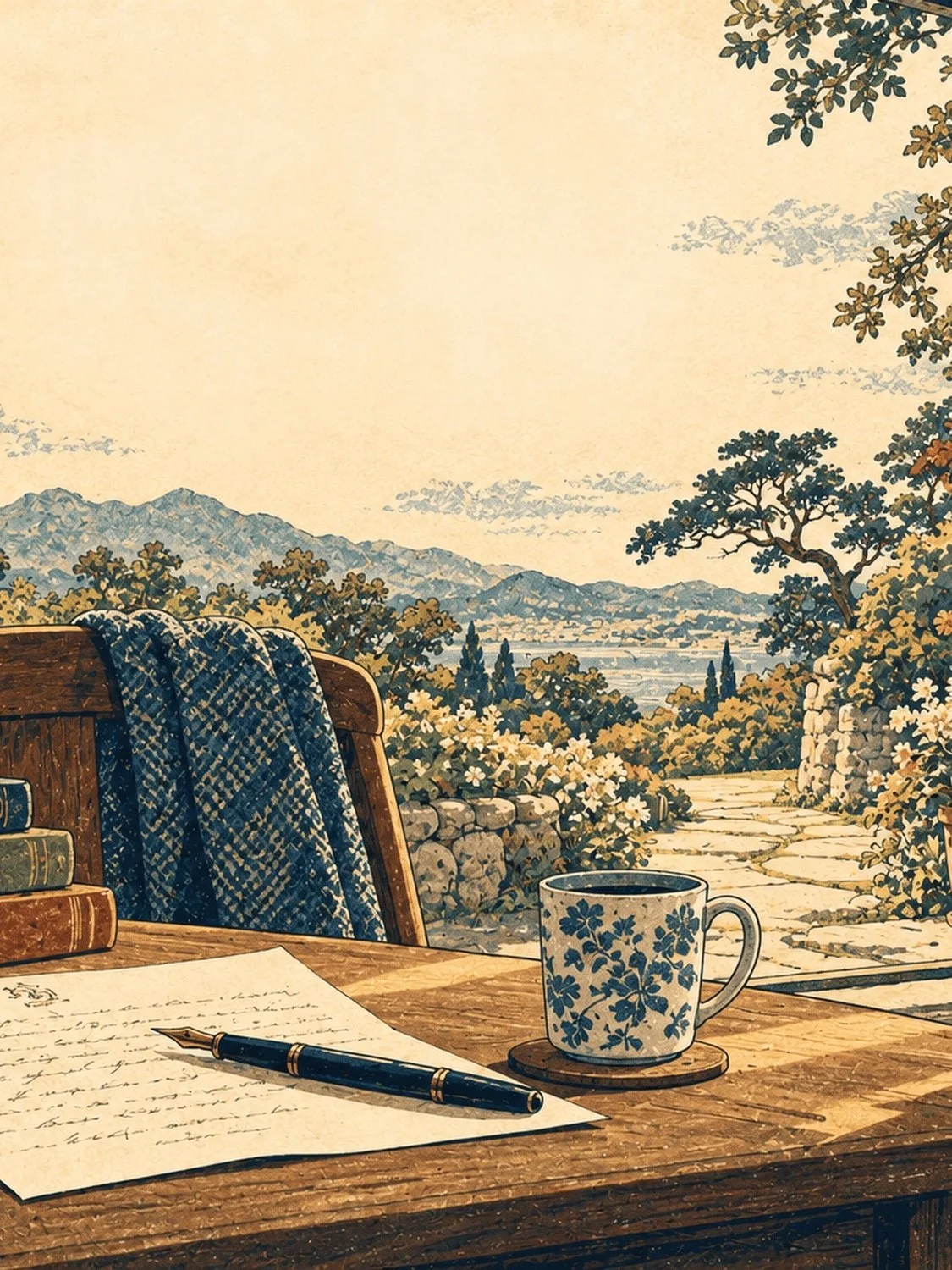 Wooden outdoor table with a handwritten page, fountain pen and blue-patterned cup, looking over a garden path and hills