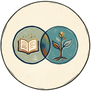 Two overlapping circles, one holding an open book and the other a growing plant, shown as an icon