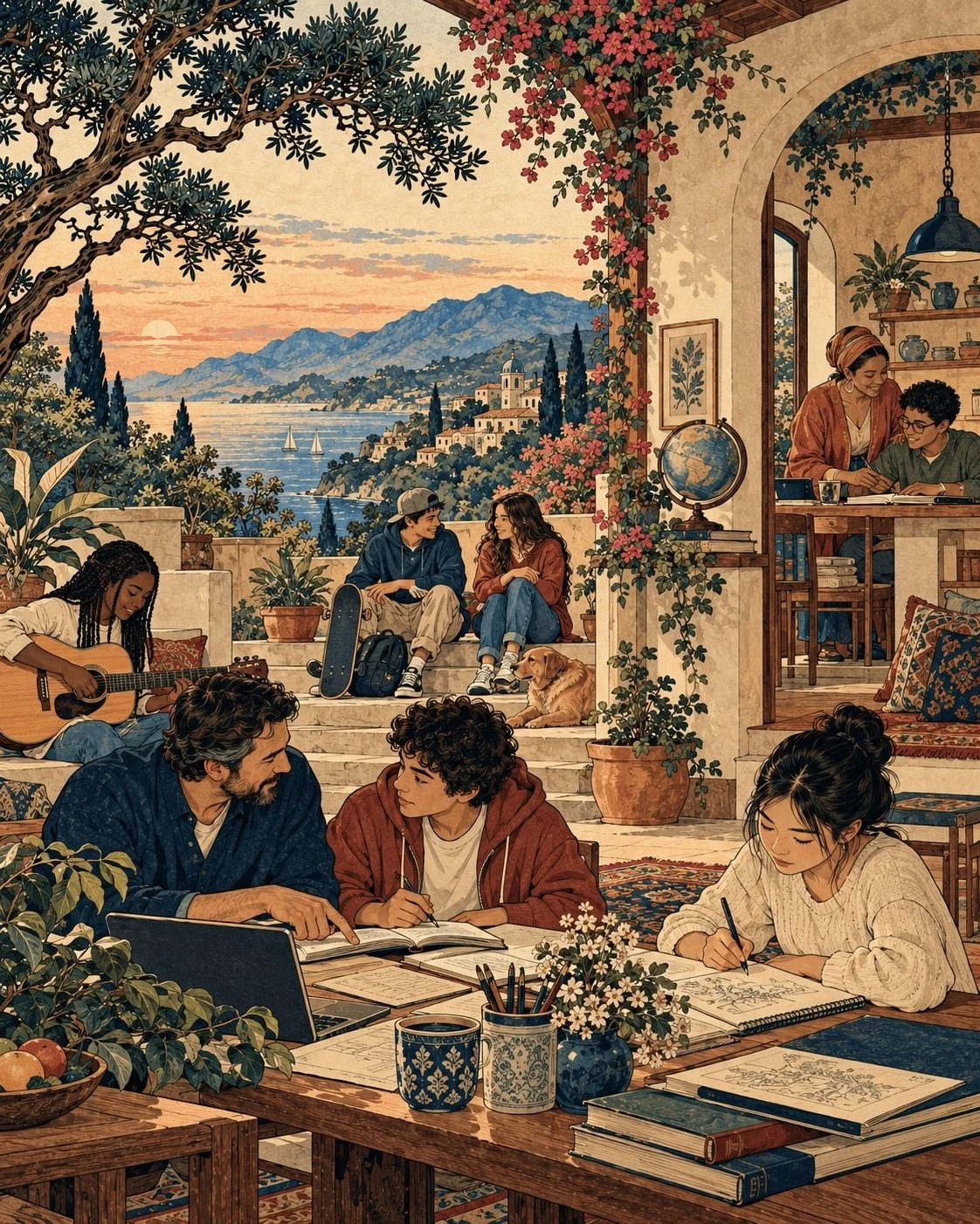 Illustration of a man and young people studying, drawing and playing guitar on a sunny terrace above a seaside town