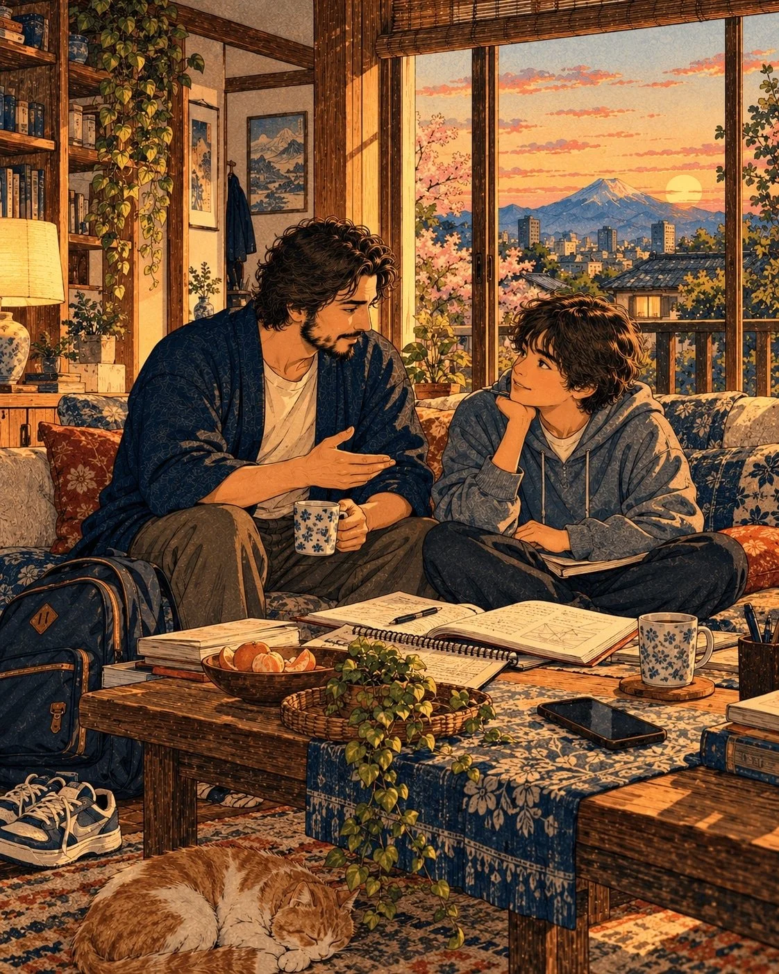 Bearded man in a navy robe talks with a teenager in a hoodie on a sofa, books and a sleeping cat nearby