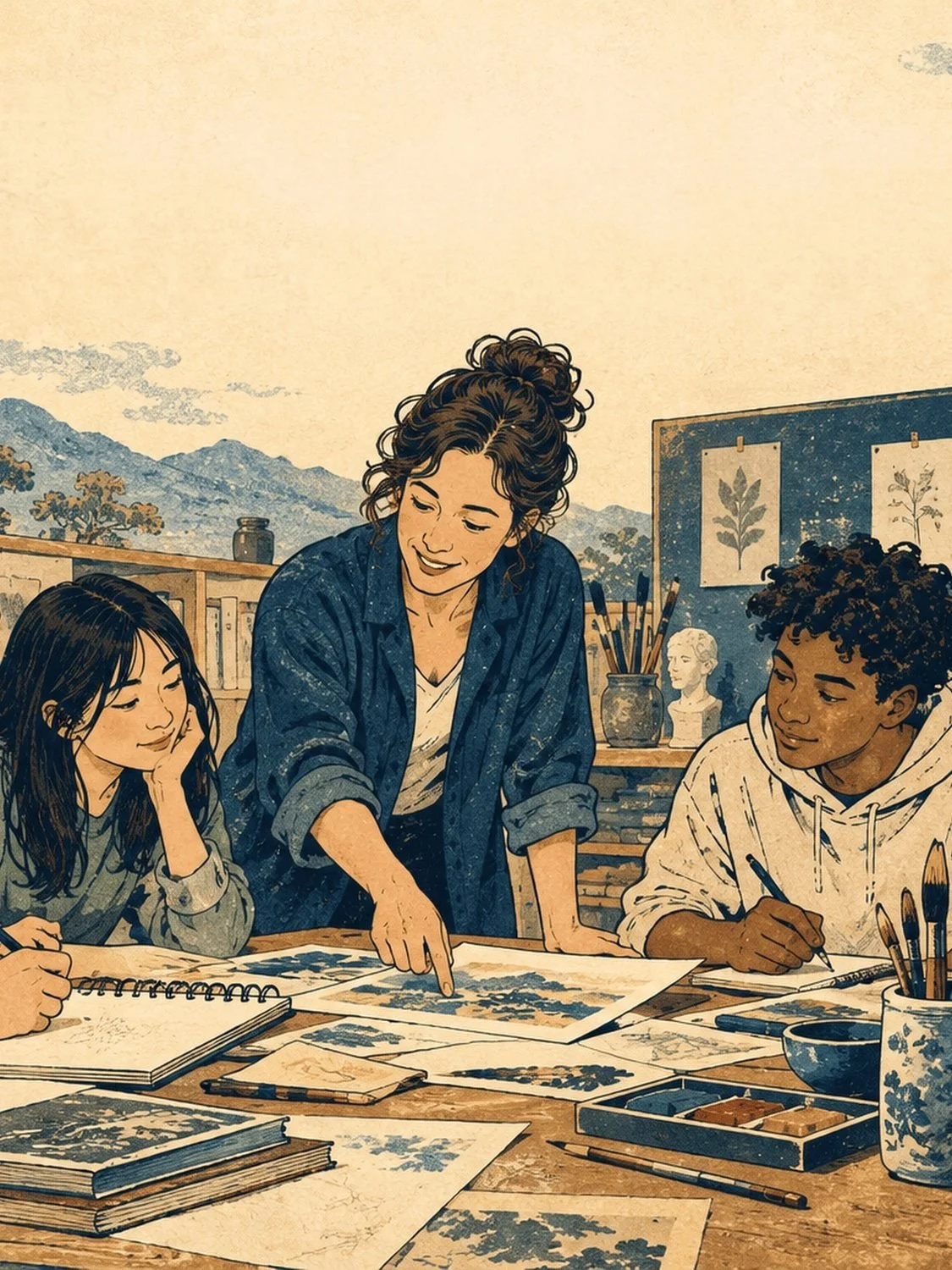 Teacher in a blue jacket points at a printed landscape sheet while two students sketch and listen at a craft table.