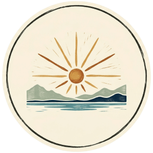 Sun with rays rising over green hills and blue water, drawn in a block-print style inside a circle.