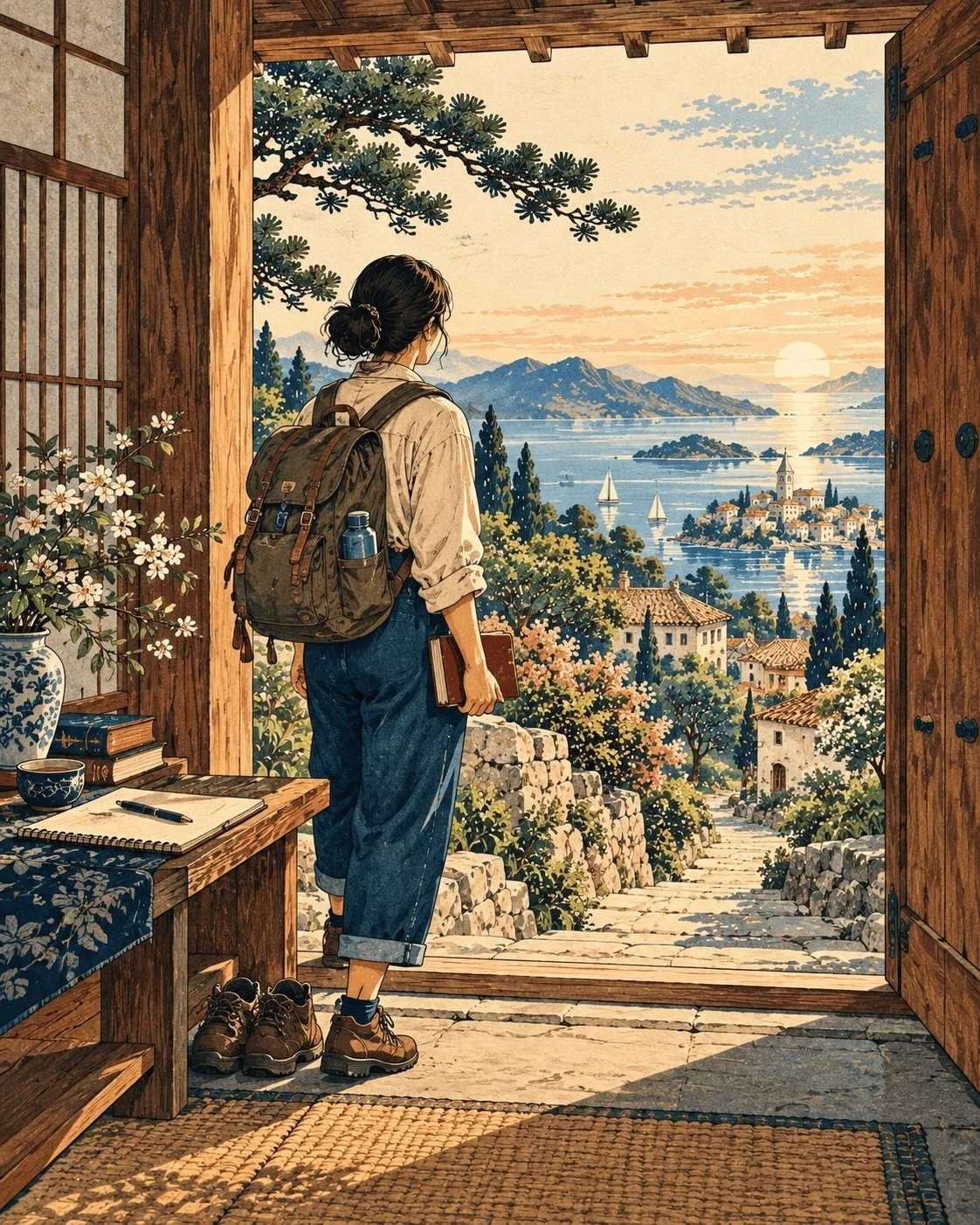 Traveller with a backpack and book stands in an open doorway looking down stone steps to a coastal village