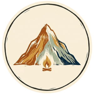 Block-print style mountain with a small campfire at its base, inside a circle, one of three icons under the heading.