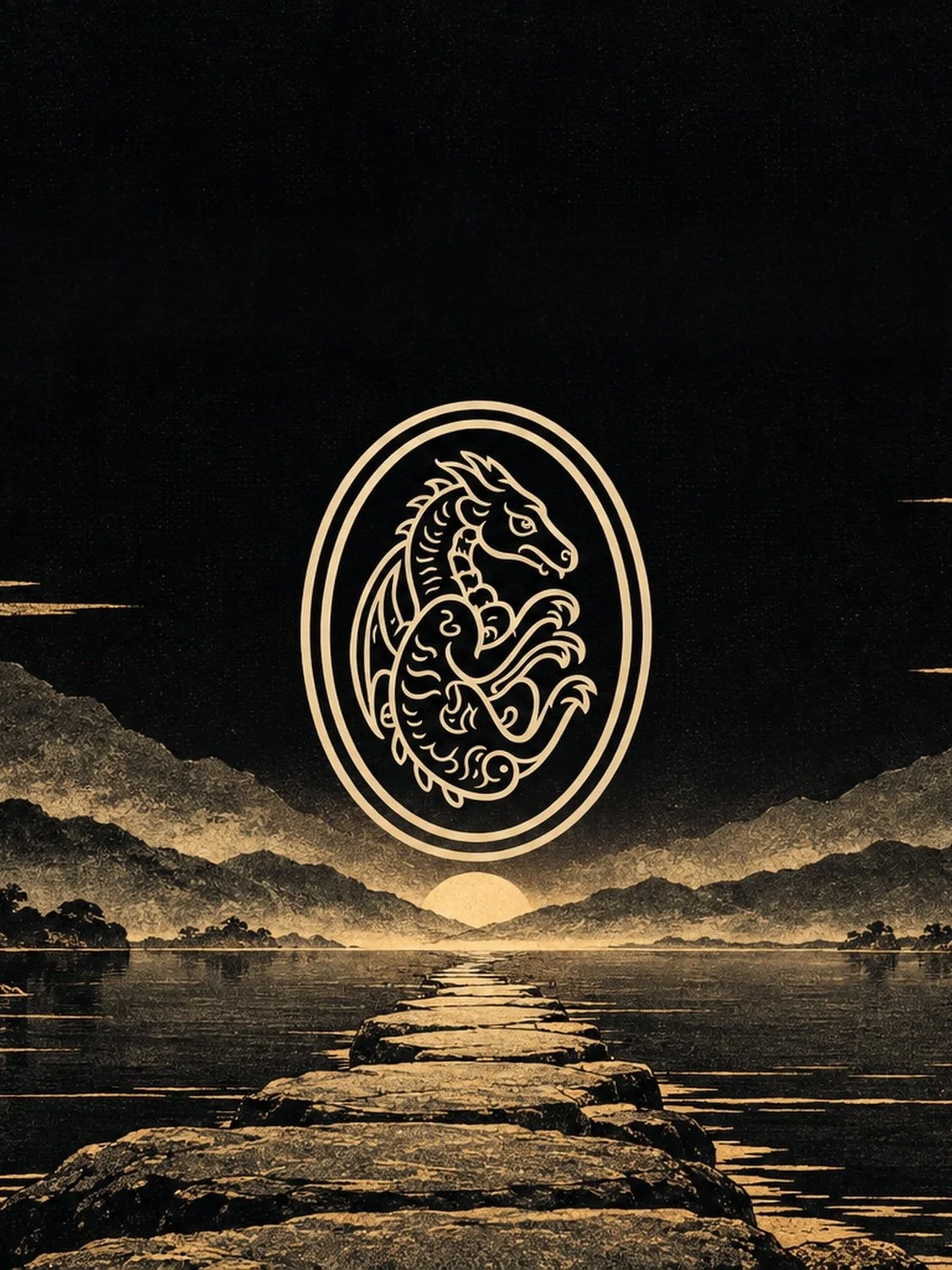 Gold dragon emblem in an oval frame above a stone path crossing still water towards a sunrise between dark mountains.
