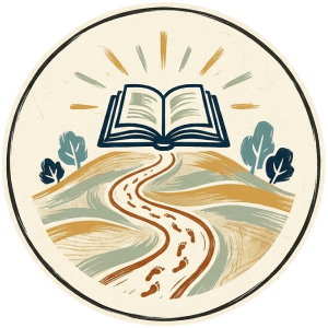 Open book above a winding footpath with footprints across rolling hills, shown as an icon for practical guidance