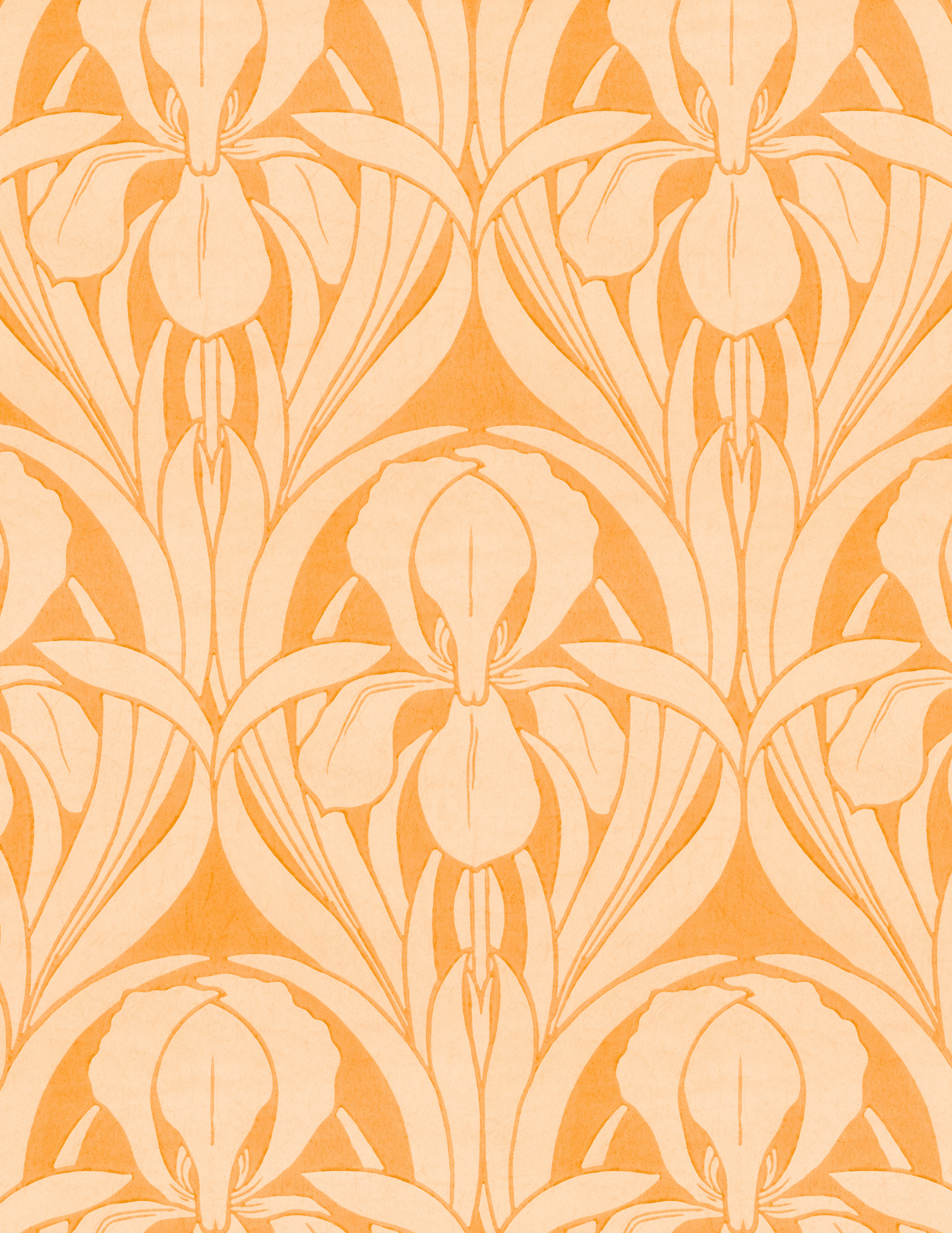 A seamless pattern featuring stylized irises with orange petals and leaves against a beige background.