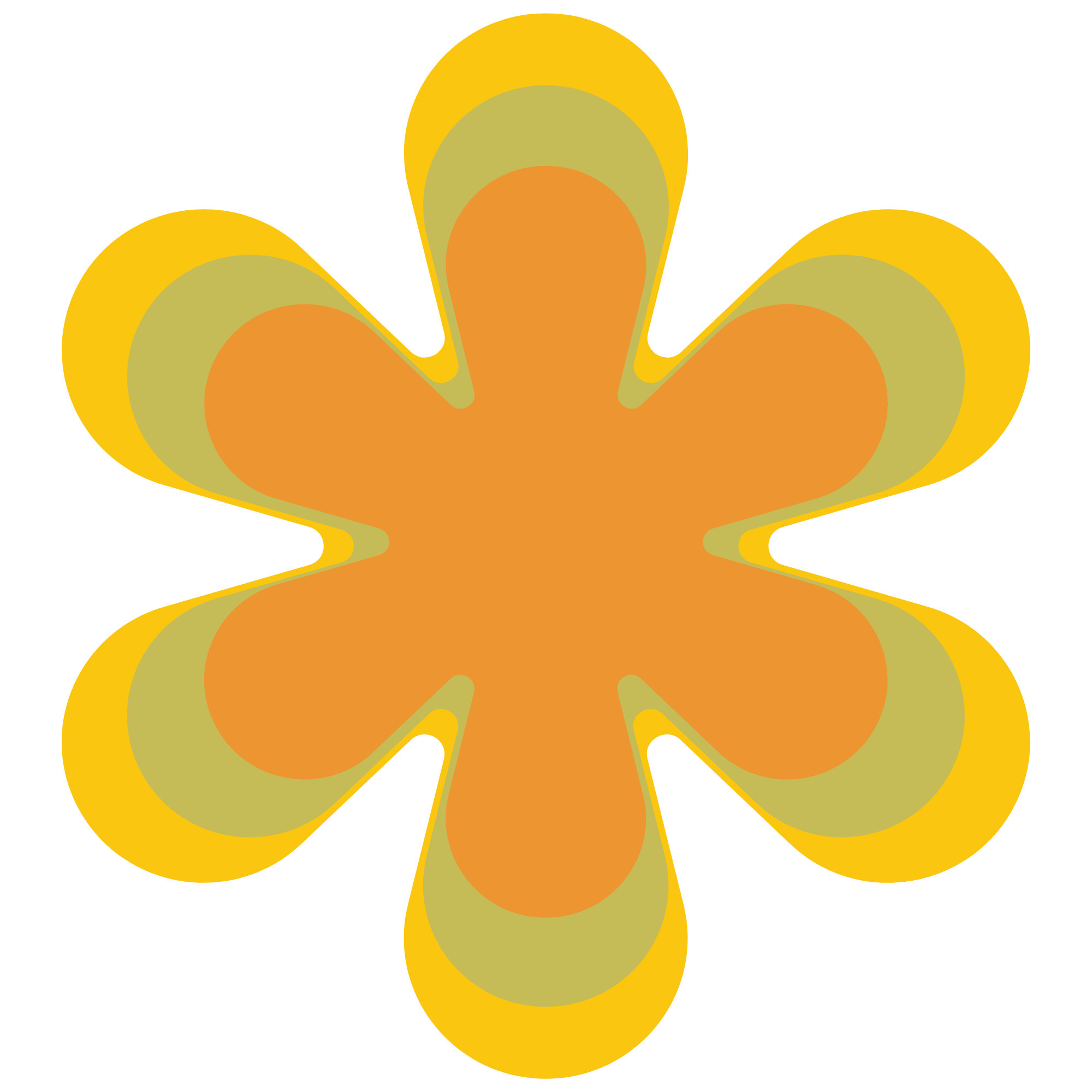 Abstract yellow, orange, and light green flower with layered petal shapes.