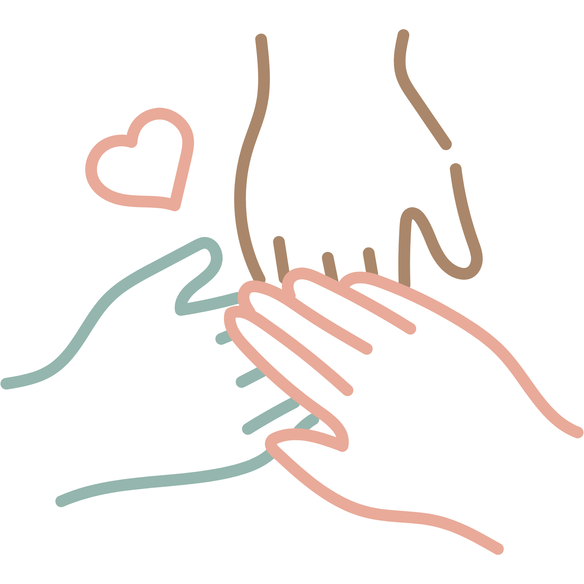 Colorful abstract line art with a pink heart, brown, blue, and pink wavy lines on a black background.