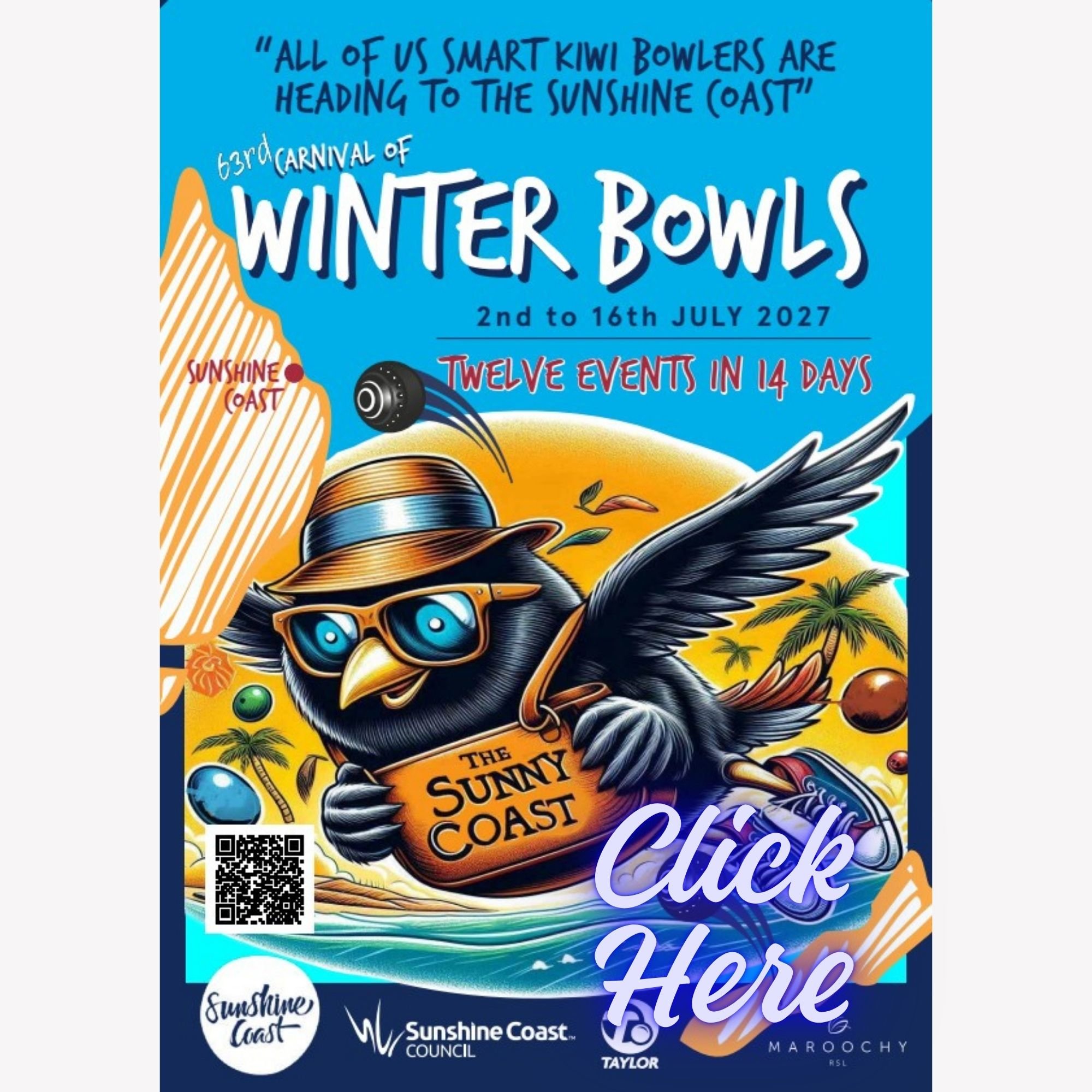 Promotional poster for the 63rd Carnival of Winter Bowls on the Sunshine Coast, held from July 2 to July 16, 2027. It features a cartoon-style parrot wearing sunglasses and a hat, with tropical trees and a sunset in the background.