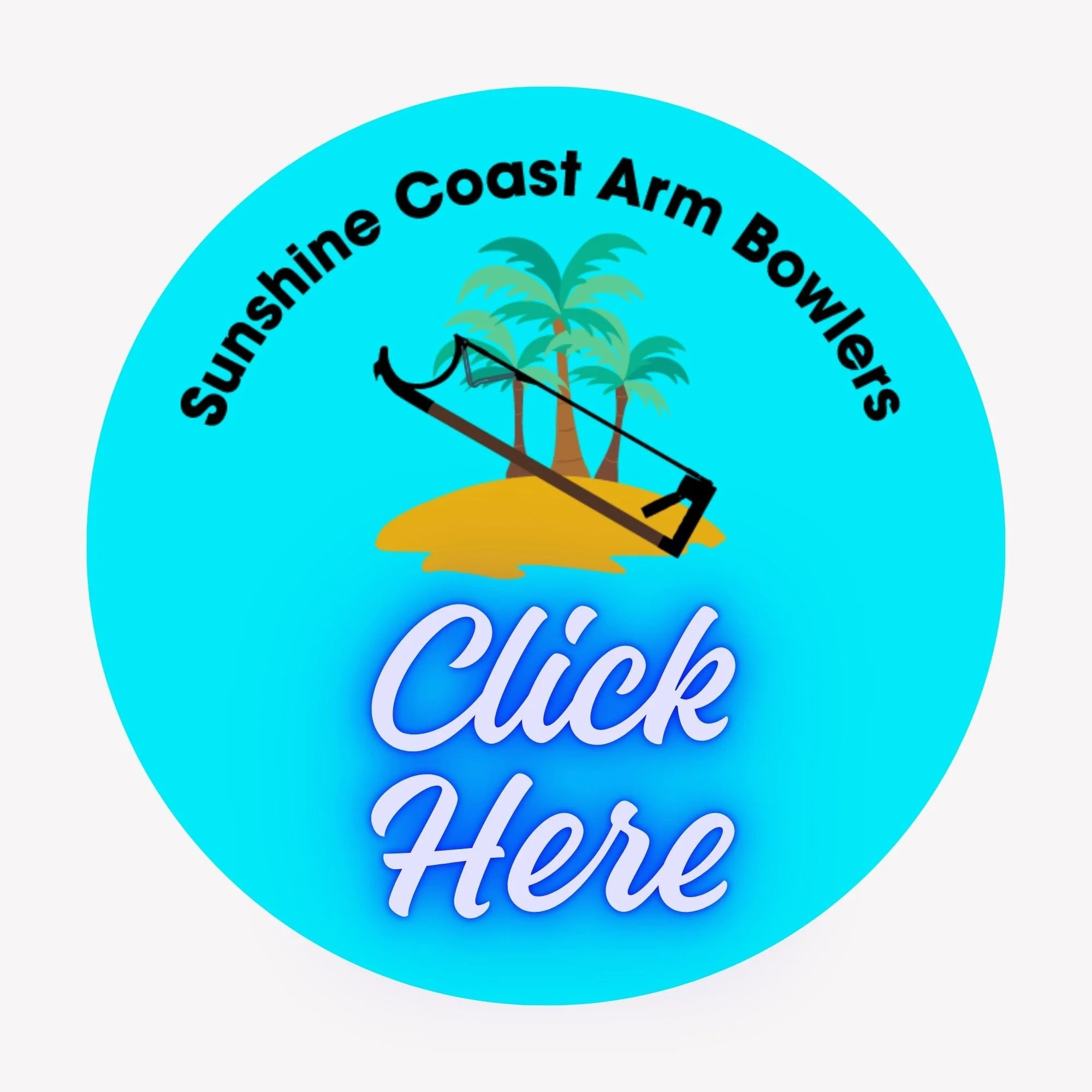 A blue circular sign with the text 'Sunshine Coast Arm Bowlers' and a graphic of palm trees and a beach scene.