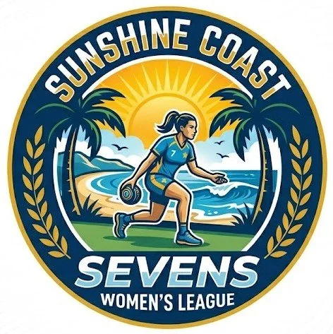 Logo for Sunshine Coast Sevens Women's League featuring a woman running with a rugby ball by the beach with palm trees and a setting sun.