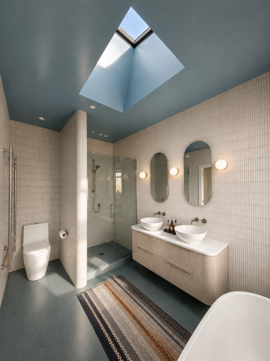 Modern bathroom with blue ceiling, skylight, double sinks, arched mirrors, shower with glass door, toilet, and a striped rug.
