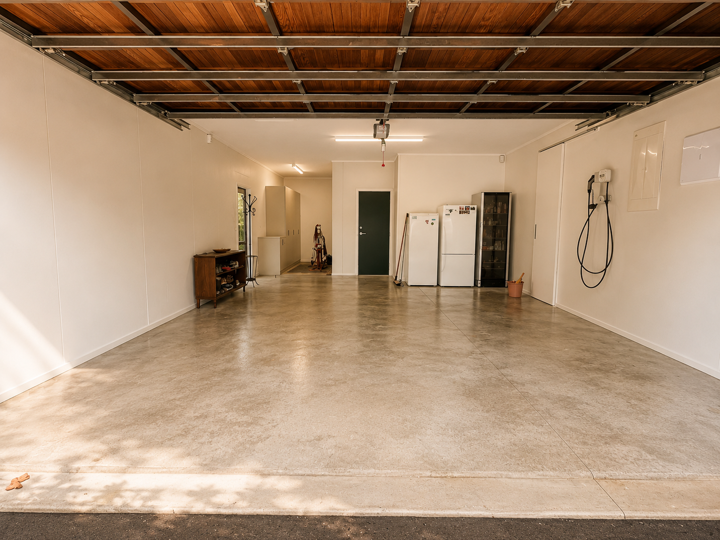 Empty garage with white walls, concrete floor, and a wooden garage door. Contains a small wooden cabinet, refrigerator, freezer, glass cabinet, and miscellaneous items.
