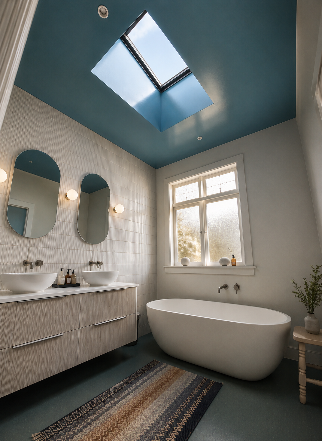 Modern bathroom with a freestanding bathtub, a double vanity with two vessel sinks, oval mirrors, a window, and a skylight in a blue ceiling.