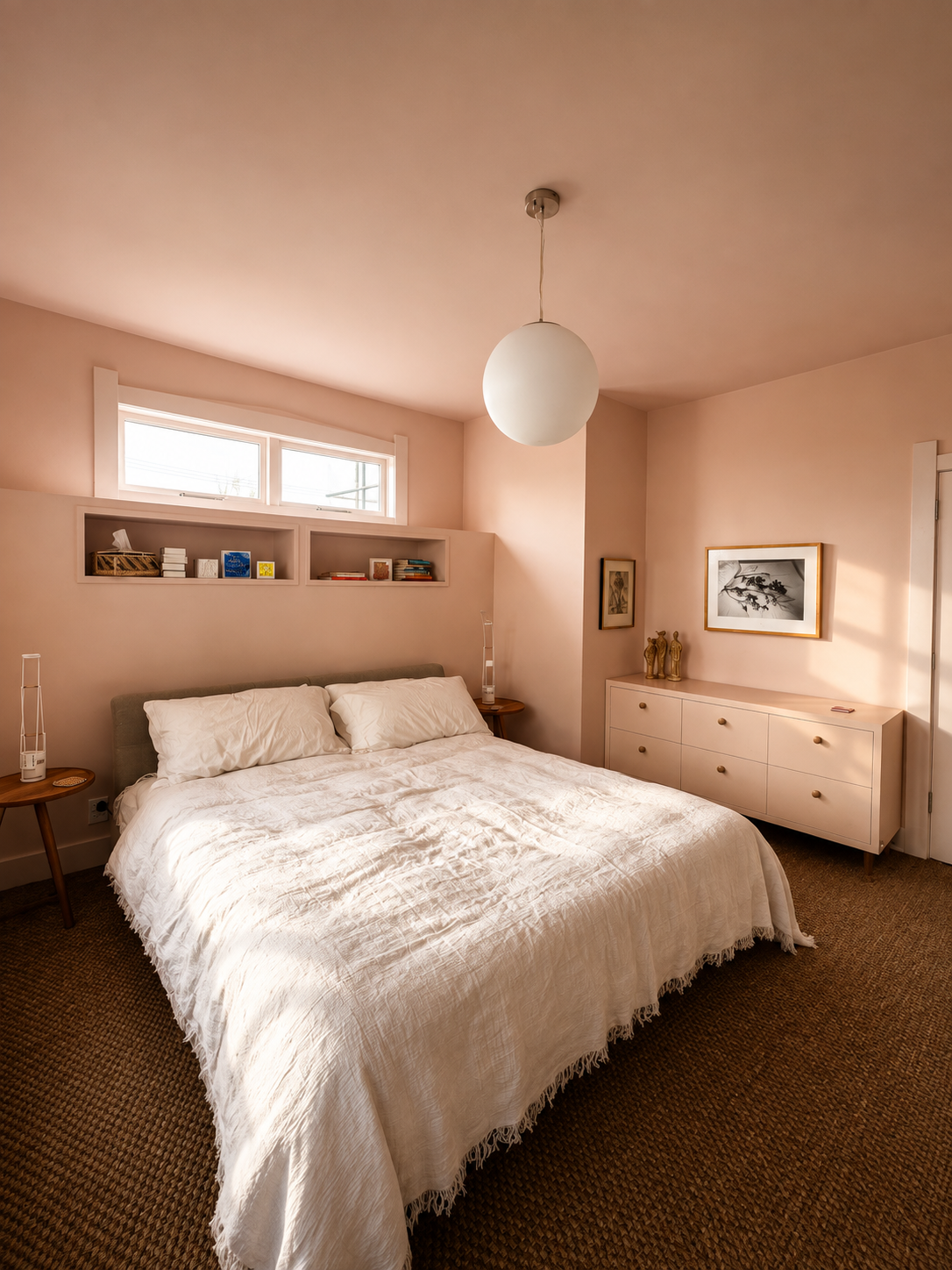 A cozy bedroom with a large bed covered in white bedding, two bedside tables with lamps, a white dresser with decorative items, framed artwork on the walls, and a ceiling light fixture. There are small windows above the bed.