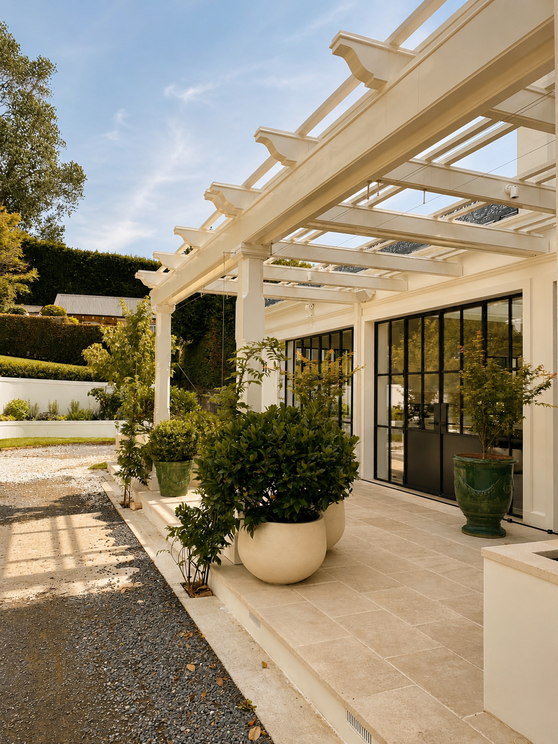 Exterior patio with potted plants, glass doors, and a white pergola under a blue sky.