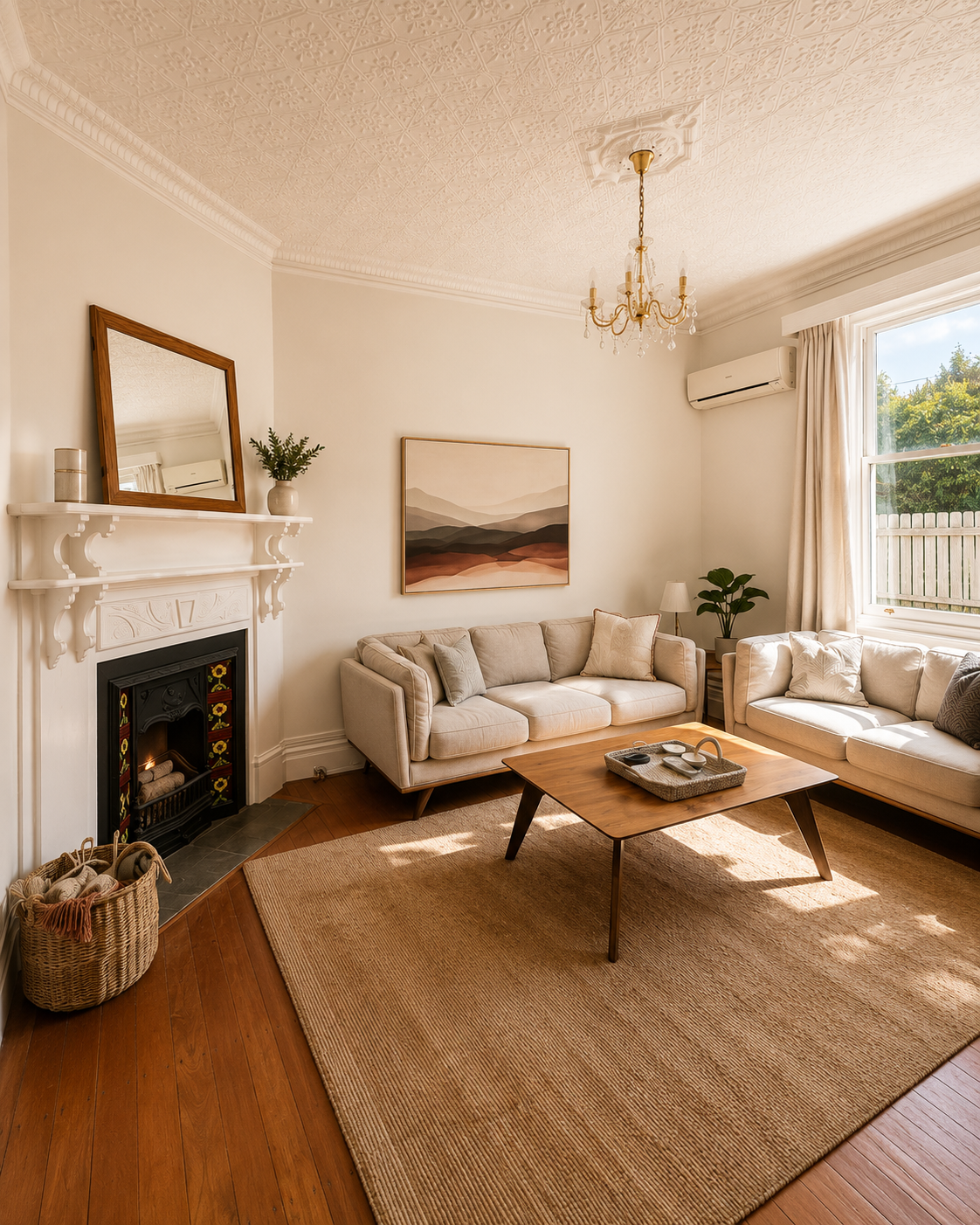 Living room with two beige sofas, a wooden coffee table, a fireplace with a mirror and plant, and a window with curtains allowing sunlight to brighten the space.