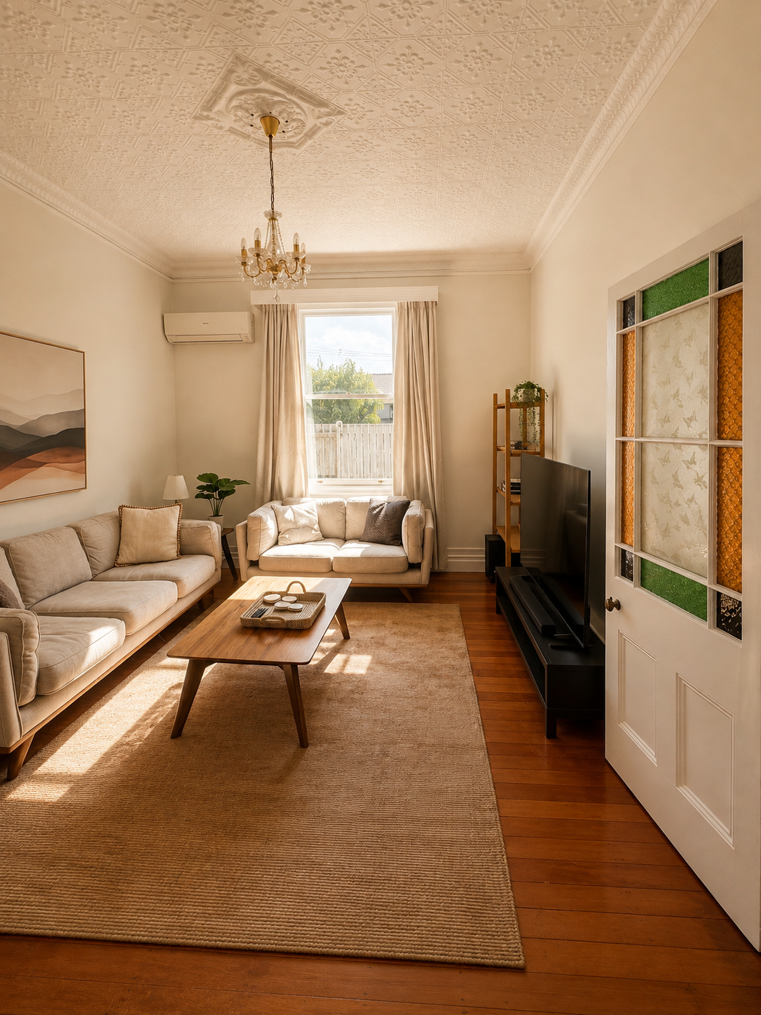 Bright living room with beige sofas, wooden coffee table, hardwood flooring, rug, TV on black stand, bookshelf, window with cream curtains, decorative ceiling, chandelier, houseplant, artwork, and door with colorful stained glass panels.